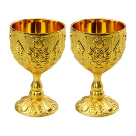 Flylin 2 Pcs Chalice Goblet, 30ml Vintage Chalice Goblet Metal Shot Glasses Tiny Embossed, Wine Cup Medieval Retro Ornaments for Kitchen Home Bar Party Wedding Decoration (Gold)