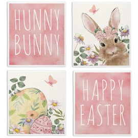 LARTSFRO Easter Decor Swedish Dishcloths for Kitchen, Pink Bunny Eggs Swedish Dish Cloths for Easter Gifts, Papaya Cute Funny Washable Swedish Cleaning Sponge Cloths, 4 Pack Dish Towels for Kitchen