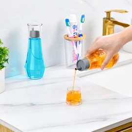 VITVITI Glass Mouthwash Dispenser for Bathroom, 8.8OZ Mouth Wash Container Bottle with Lid Cup, Small Clear Refillable Mouthwash Dispenser Decanter for Countertop, Gray