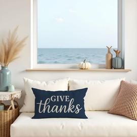 Decorative Throw Pillow Cover 12x20 Inch Give Thanks, Navy Blue