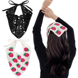 hoyuwak 2Pcs Crochet Bandanas Headbands Hairbands Head Hair Scarf for Women Girls Knitted Floral Strawberry Hair Accessories for Hair Styling Festival Holiday Decor (White, Black)