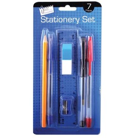 Stationery Set 7 Piece School, Office or Home Pens Pencil Ruler Rubber Sharpener