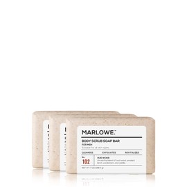 MARLOWE. No. 102 Men's Body Scrub Soap 7 oz (3 bars) | Earthy Oud Wood Scent | Best Exfoliating Bar for Men | Made with Natural Ingredients | Green Tea Extract | Updated Scent (3-Pack)