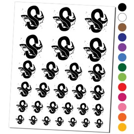 Animal Alphabet Letter S for Shark Temporary Tattoo Water Resistant Fake Body Art Set Collection - Black (One Sheet)
