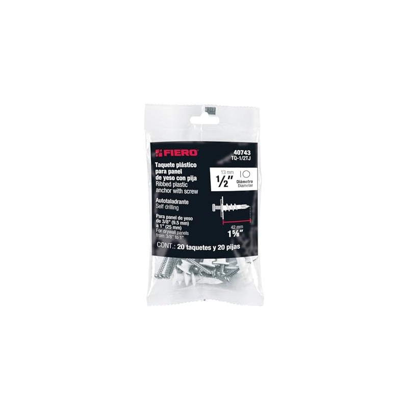 Fiero TQ-1/2TJ, Kit 20 taquetes plásticos 1/2", para panel de