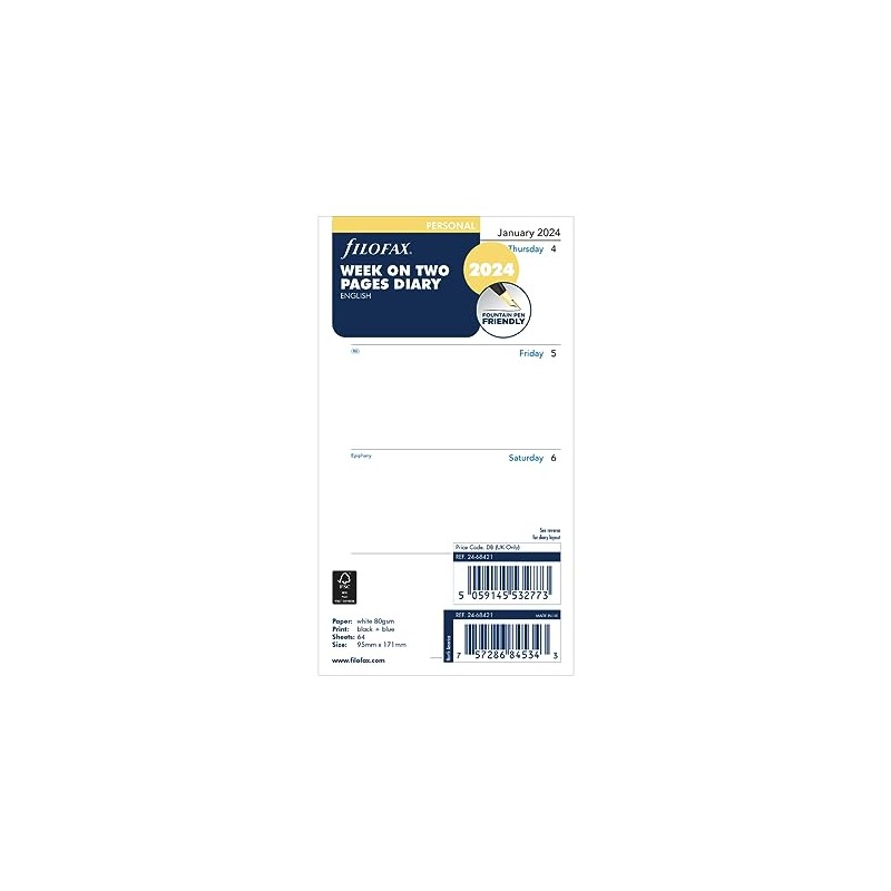 Filofax Personal Week on two pages English 2024 diary,White