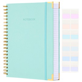 Spiral Notebook, Hardcover Leather Journal for Women Men, 300 Page Thick Notebooks College Ruled for Work, School, Note Taking, Writing Journals, Large A5 Notebook with Tabs Sticky, 5.7" x 8.5", Teal