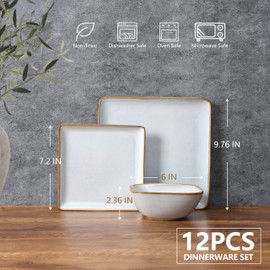 E-far Square Plates and Bowls Sets, 12-Piece Stoneware Dinnerware Sets for 4, Reactive Glaze Dish Set, Chip and Scratch Resistant, Microwave and Dishwasher Safe, Seashell White