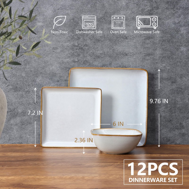 E-far Square Plates and Bowls Sets, 12-Piece Stoneware Dinnerware Sets