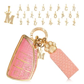 Linsdala Key Fob Cover with Rhinestone Cat Paw Crown Letter Keychain, Car Accessories for Women TPU Shell for 2021-2024 Tahoe, Suburban, Yukon Denali, Silverado, 5 Button Key Protector (M)