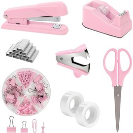 SKYDUE Pink Office Desk Accessories, Pink Office Supplies, Stapler, Tape Dispenser, Scissors, Clips and 1000pcs Staples,Desk Supplies for Women