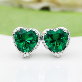 Hiqmic 925 Sterling Silver 4.5ct 8mm Heart shaped Earrings Ruby Emerald Sapphire Amethyst Zirconia Ear Stud Fashion White Gold Plated Jewelry Gifts for Women, Green