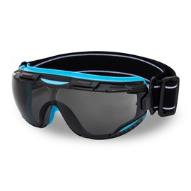 DEX FIT Protective Safety Goggles SG220; Anti Fog & Scratch, Z87 Eye Protection for Lab, Science, and Chemistry Work, Adjustable for Women and Men, (Black & Blue Frame, Tinted Lens, 19 cm Strap)