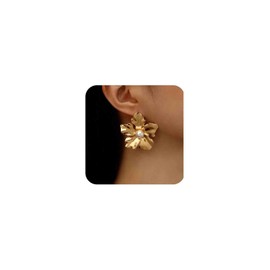 Inateannal Boho Pearl Flower Earrings Gold Flower Dangle Earrings Vintage Big Flower Stud Earrings Exaggerated Statement Earrings Jewelry for Women and Girls