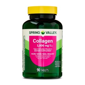 Collagen Type 1 & 3 Plus Vitamin C Hair Skin Nails Health Dietary Supplement Tablets, 1,000 mg, 90 Count by Spring Valley (Pack of 1) - Set by Basket Goods