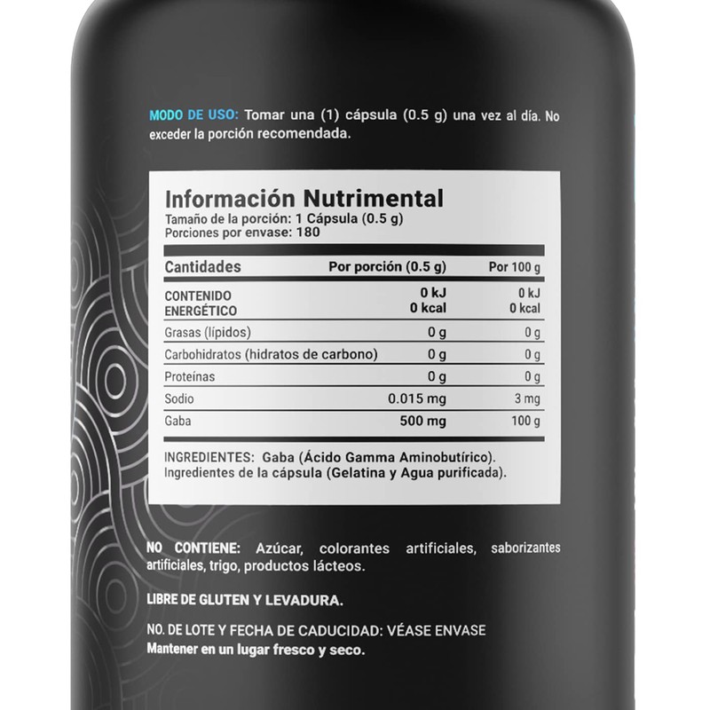 Gaba 500mg de 180 Cápsulas. Ingredientes naturales: Ácido Gamma Aminobutírico.