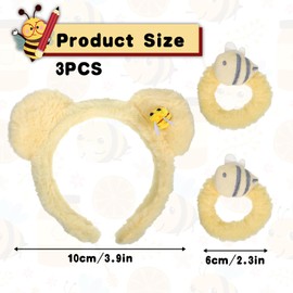 Yellow Bear Ears Headband Plush Headbands with Bee Hair Ring Cute Yellow Scrunchie Soft Towels Washband Elastic Plush Bear Spa Hairband with Hair Ties Wristband for Face Washing Facial Skin Care