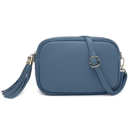 Italian Genuine Leather Tassel Crossbody Purse Soft Shoulder Handbag for Women Snapshot Camera Bag Lightweight Evening Bag (Blue)