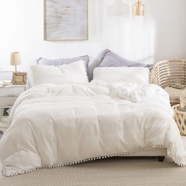 WONGS BEDDING White Duvet Cover Single Size Pompoms Tassels Design Soft Washed Microfiber with Zipper Closure (White, Single)
