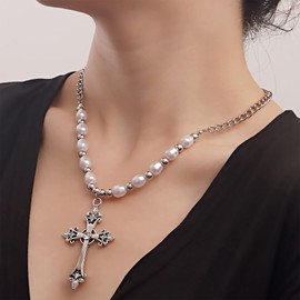 YienDoo Punk Cross Pearl Choker Necklace Gothic Cross Crucifix Pendant Necklace Silver Pearl Beaded Choker Big Cross Necklace Charm Aesthetic Jewellery for Women and Girls