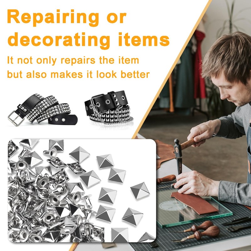 CooBigo 100 Sets 12mm Square Pyramid Rivet, Silver Metal Spike