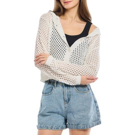 Simple&Opulence Summer Cardigan for Women, Hollow Out Crochet Knit Shrug Open Front Casual Ladies Hooded Sweater UK, White, S