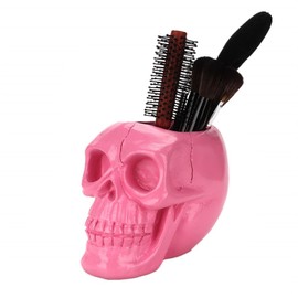 RURAUOGR Skull Pen Pencil Holder Resin Skeleton Makeup Brush Holder Key Storage Home Office Decor Desk Supplies (Pink)