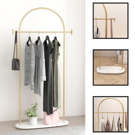 KADIGANG Gold Clothing Rack, Modern Clothes Rack with Shelf, Heavy Duty Freestanding Coat Rack, Metal Coat Hanger Stand with Hooks for Boutique Office