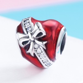 CHENGMEN Christmas Bow Charm 925 Sterling Silver Bead Charms for Bracelets Love Heart Red Enamel Gifts for Her Women Girls Mum Daughter Wife Girlfriend Jewellery