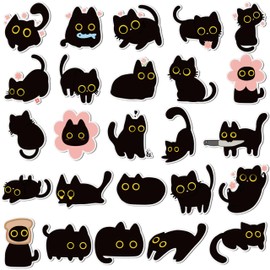 MALLMALL6 25Pcs Cute Black Cat Fridge Magnets, Valentines Gift for Cat Lover, Spring Refrigerator Magnetic Sticker Decor Accessories with Flower Bread Fish for Home Kitchen Office Locker Mailbox Door