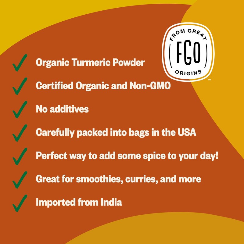 FGO Organic Turmeric Powder w/Curcumin, 8oz Resealable Pouch, USDA Organic