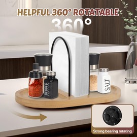 Primo Lines Rotating Napkin Holder for Table with Built-In Space for Salt and Pepper Shakers, Wooden Metal Caddy Rustic Table Organizer with 360 Degree Spin for Kitchen Decor and Accessories (Bamboo)