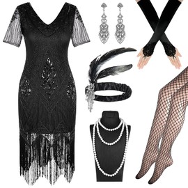 Okabay 1920s Flapper Dress & Accessories Set for Women, Great Gatsby Fringed Sequin Costume with Gloves/Socks/Headband/Jewellery for Roaring 20s Party (Classic Black, M)