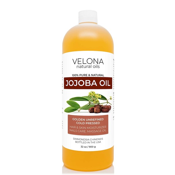 Jojoba Oil by Velona - 32 oz | 100% Pure and Natural Carrier Oil | Golden, Unrefined, Cold Pressed | Moisturizing Face, Hair, Body and Skin Care | Use Today - Enjoy Results