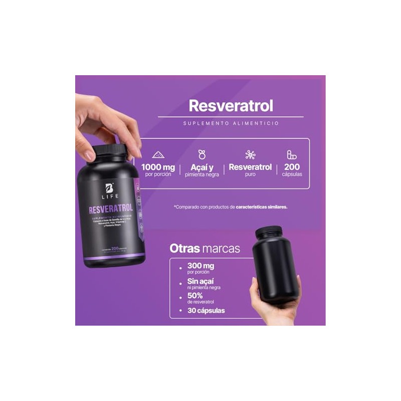 Life Resveratrol 200 Cápsulas Antioxidante 1000mg Por Porción Pimienta Negra