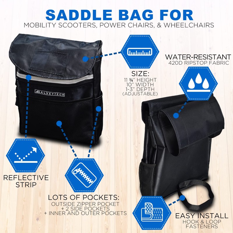 AlveyTech Water-Resistant Saddle Bag (Large, Black) - For Mobility Scooters,
