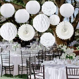 ANCLLO 20PCS White Paper Fan Lantern Set White Wedding Decoration Hanging Pom Pom Flowers Honeycomb Ball Pennant Banner For Bridal Shower Engagement Party Decoration