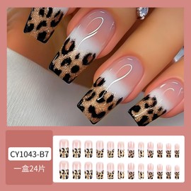 Long Press on Nails Leopard Print Square Fake Brown French Tips False with Designs Glossy Glue Full Cover Acrylic Artificial Stick for Women 24 Pcs (Brown-02, Nails 2)