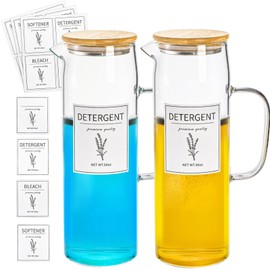 Noamus 2 Pack Laundry Detergent Dispenser Set, 50oz Fabric Softener Storage Bottle with Bamboo Lid Handle&12 Labels, Glass Liquid Detergent Container for Farmhouse Laundry Room Decor Organization