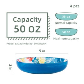 Sagoskat Pasta Bowls Ceramic Salad Bowl, 9 inch Pasta Bowls Set of 4,Blue and Orange Flower Pattern Pasta Bowl, Nonctick Salad Bowls Set, for Baking