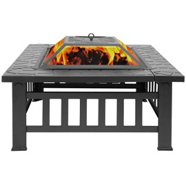 Kennkari 32" Outdoor Fire Pit, Square Metal Firepit, Wood Burning Fire Pit with Spark Screen, Log Poker and Cover for Backyard Patio Garden (L,Black)