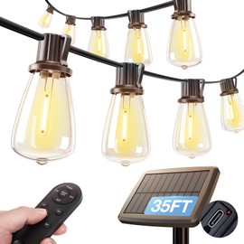 addlon 35FT Solar String Lights Outdoor, IP54 Waterproof Solar Powered with Remote & USB Port, 10+1 LED Shatterproof Bulbs, Dimmable Solar Light Outdoor for Camping Backyard Bistro Porch