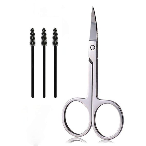 Eyebrow Scissors and Three Eyebrow Brushs,Nose Beard Trimming Scissors Eyelash with Curved Craft Stainless Steel Scissors
