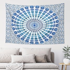 Hulnulnu Blue Sky Mandala Tapestry Wall Hanging Boho Bohemian Wall Hanging Cotton Tapestries for Bedroom Living Room Decor