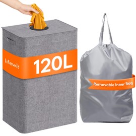 Lifewit 120L Large Laundry Hamper with Lid, Collapsible Laundry Basket with Lid and Reusable Inner Bag, Tall Dirty Clothes Hamper for Laundry Room, Bathroom, Dorm, Bedroom, Light Gray