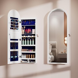 Lareth Jewelry Organizer Cabinet, 47.2 inch Tall Wall or Door Mounted Jewelry Armoire with 6 LEDs, Arched Hanging Lockable Storage Cabinet with Full-Length Mirror, 2 Drawers, Pure White