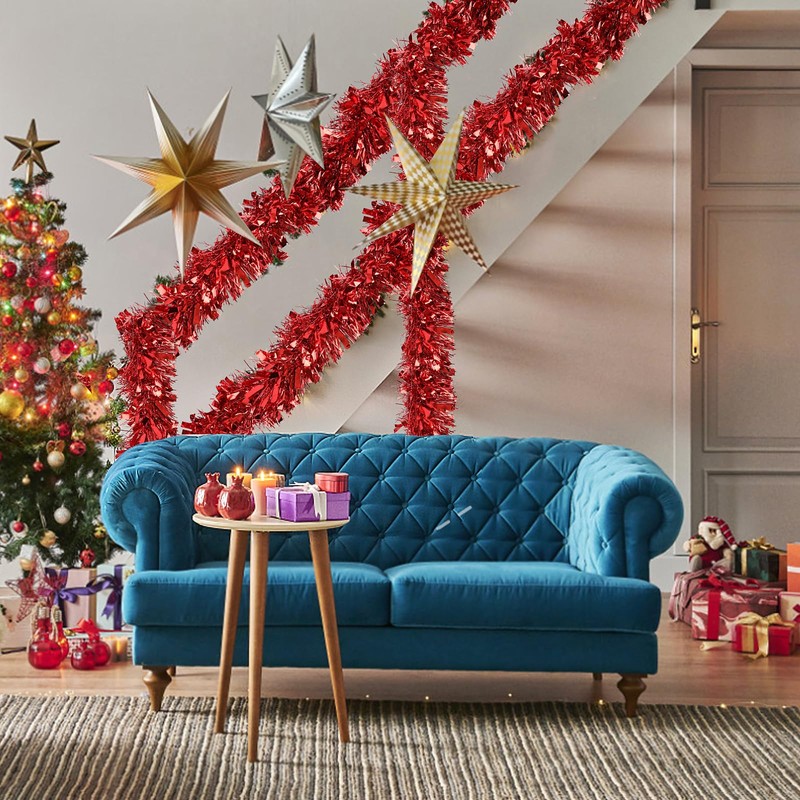 KIMOBER 20 Ft Christmas Tinsel Garland,Red Metallic Garland for Christmas