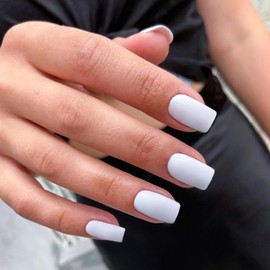 Matte White Press on Nails Medium Short Square,Xcreando Glue on Nails Solid Glossy Medium Nails Full Cover Acrylic Fake Nails for Women and Girls Daily Wear 24 Pcs