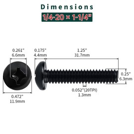 1/4-20 x 1-1/4" Stainless Pan Head Machine Screws 25 Pcs, 18-8 (304) Stainless Steel Phillips Drive Pan Head, Full Thread, Black Coated, with Phillips Bit