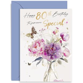 Birthday Bouquet 80th Birthday Card for Women - Age 80 Years Old Birthday Card - Female Birthday Card - Mielstone 80th Birthday Card for Her - Flower and Butterfly Gold Foil Design | Blank Inside